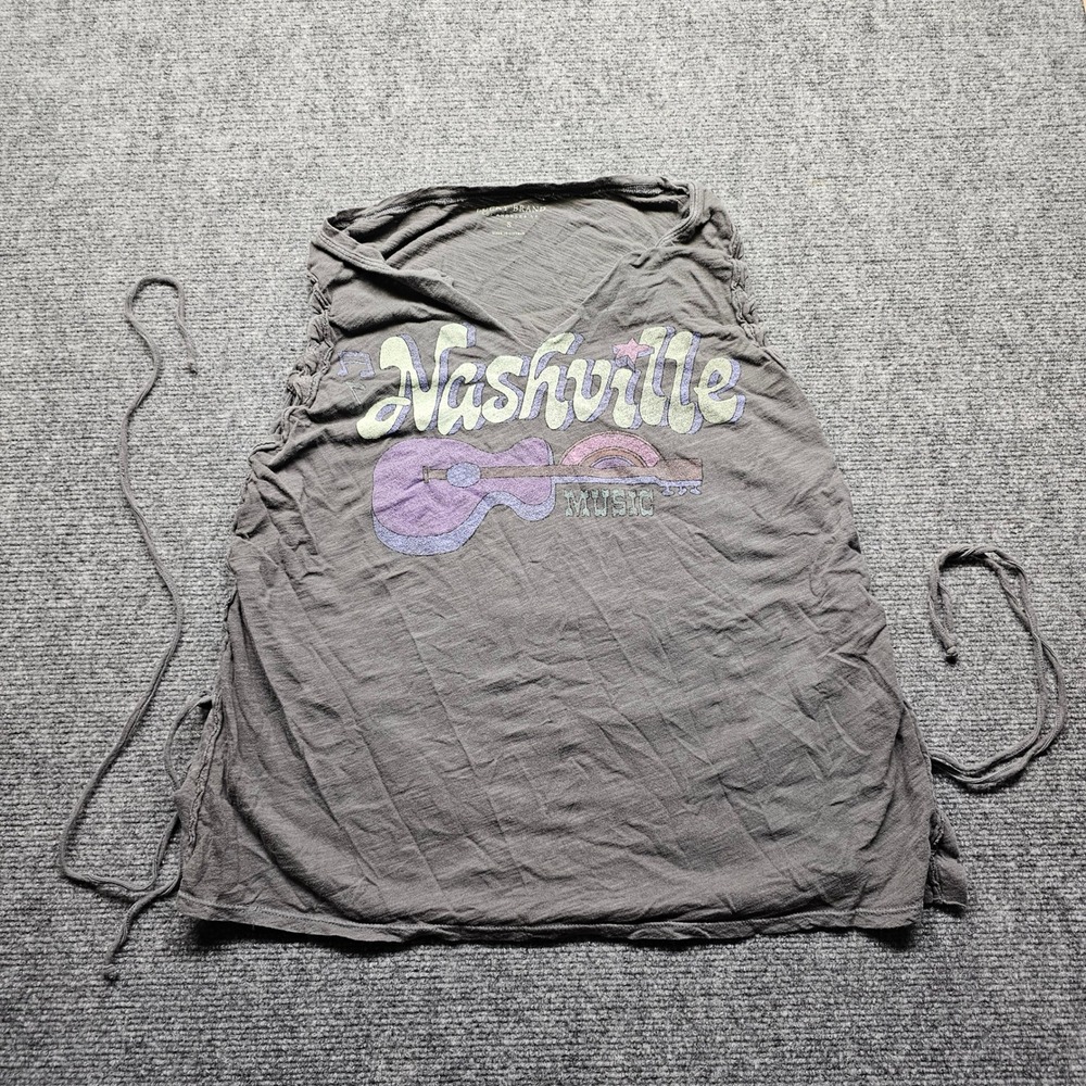 Lucky Brand Nashville Music Graphic Tank Top Lace Up Sides Gray Small